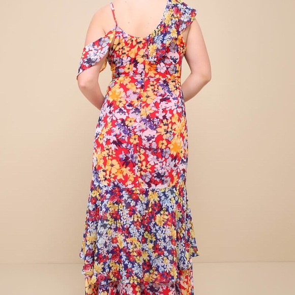Radiant Ruby Red Floral Print Chiffon Maxi Dress - Picture 3 of 10